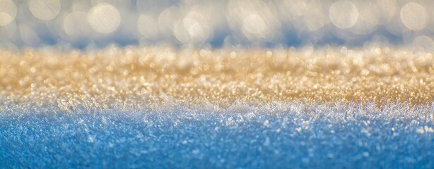 Delicate frost crystals on snow glisten in warm sunrise light, a serene winter morning captured in a close-up macro of ice crystal formation