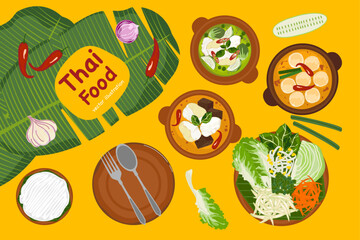 A complete set of Kanom Jeen Thai Rice Noodles served with various curries and fresh vegetables. vector illustration in a clean, modern flat design style. Ideal for menus and food graphics.