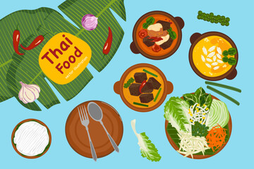 A complete set of Kanom Jeen Thai Rice Noodles served with various curries and fresh vegetables. vector illustration in a clean, modern flat design style. Ideal for menus and food graphics.