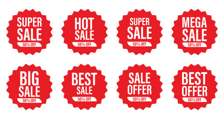 Sale banner 50% off with different sale percentage. Round price seal. Best promotion tag. Store marketing symbols. Discount emblems. Vector shopping banners design set