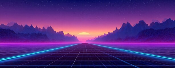 Glowing neon lights illuminate the horizon of a futuristic road that winds through mountains during a vibrant sunset night drive