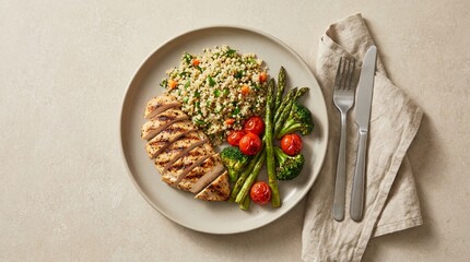 Grilled chicken with quinoa and vegetables on plate © Glam