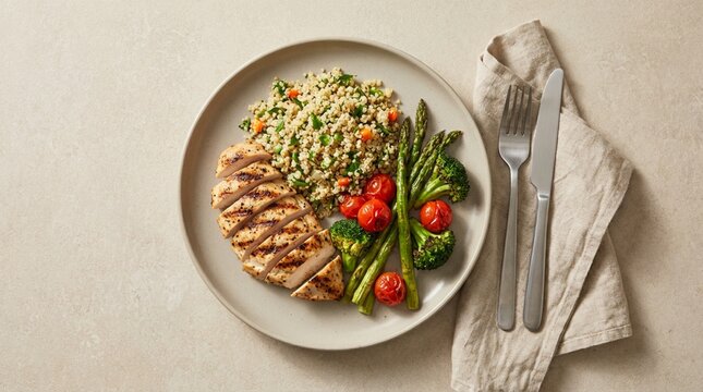 Grilled chicken with quinoa and vegetables on plate