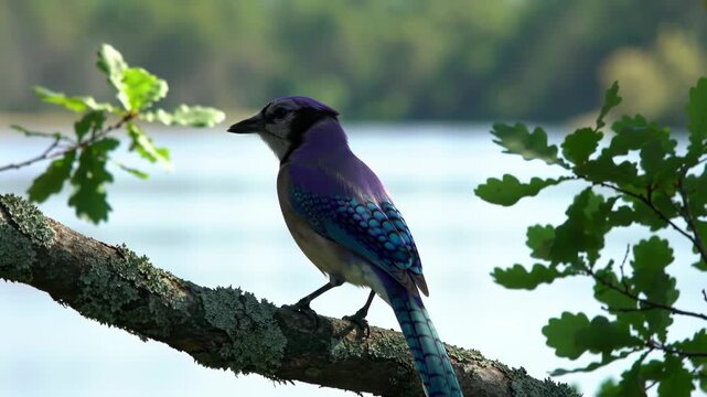 Vibrant blue jay perched on a tree branch near water with green foliage, nature background.