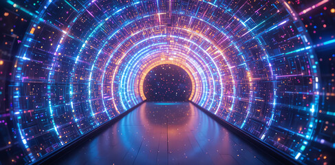 Futuristic Digital Tunnel with Glowing Neon Lights