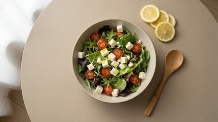 A salad with cheese tomatoes and lemon slices top