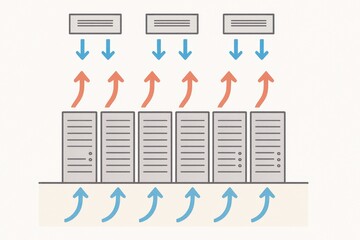 Data center cooling system illustration with server racks and airflow