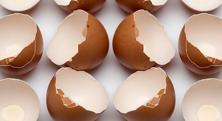 Cracked Brown Eggshells with Empty Halves on White Background