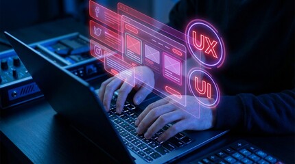 Person typing on laptop with ux and ui graphics overlay