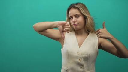 Young blonde woman showing thumbs up and thumbs down with bare thumbs wearing sleeveless button vest in studio with teal backdrop; conflicted decision.