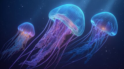 Naklejka premium Deep ocean scene of glowing jellyfish with bioluminescent soft focus and ethereal mood in a neon light underwater setting of marine life in digital art style with futuristic vibe