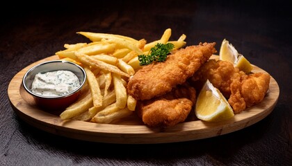 crispy fish and chips platter fried seafood fries sauce and lemon for classic british cuisine