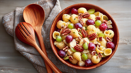 Top-view of fictional Apple, Grape and Pecan Pasta Salad in a wooden bowl with a wooden salad cutlery set and a napkin next to it. Concept of quick, healthy meals, menus for home.