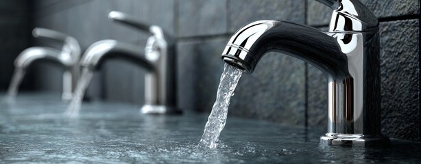 A contemporary bathroom features a modern chrome faucet, stainless steel accents, and clean tile, all illuminated by soft lighting and reflecting off the water flowing from the sink