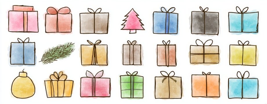Cute holiday icons, including pine, berries, and winter trees, are juxtaposed with gift boxes, ribbons, and bows, to create a pastel-colored design that embodies the cheerful spirit of the festive