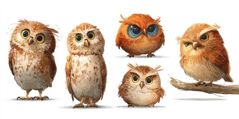 Fototapeta premium Cute Watercolor Owl Cartoon Collection with Diverse Backgrounds