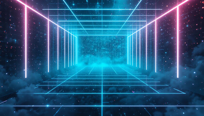 Neon Grid Tunnel with Digital Data and Stars graphic