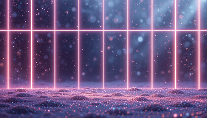 Neon Grid Structure Over Sparkling Pink and Blue Ground