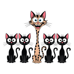 Obraz premium Cartoon Cat Group with Unique Center Cat – Playful Illustration Emphasizing Individuality