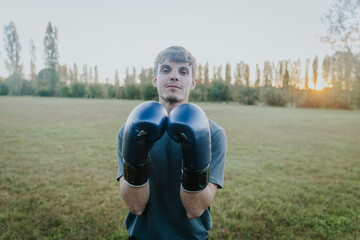 Fototapeta premium Young man boxing with gloves in open air field during golden hour