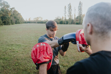 Young man boxing with partner using pads in open air grassy park
