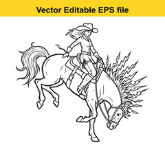 Fototapeta premium Outline drawing of a female rodeo rider wearing a cowboy hat and western attire skillfully riding a bucking horse, isolated on