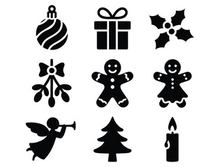 Christmas silhouette icon set with festive symbols including ornament, gift, holly, angel, tree, gingerbread, and candle