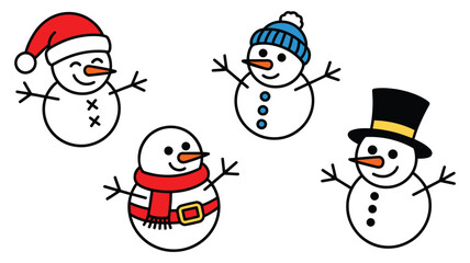 Cartoon snowman character set with festive hats, scarves, and cheerful expressions on white background for holiday design