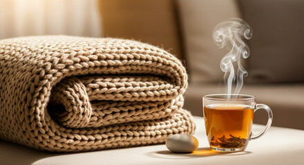 comfort object composition — folded blanket, warm tea, soft light, symbolic care