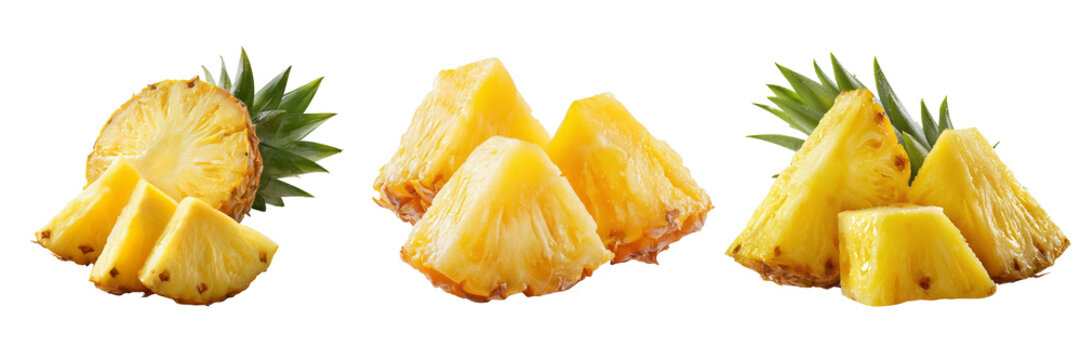 Set of Fresh pineapple chunk with visible fiber and moisture on transparent png background. Ai generated