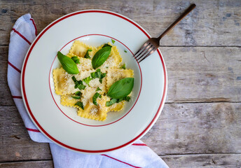 Ravioli with parmesan and basil .Cacio e pepe pasta