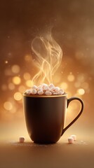 Elegant glowing mug of hot chocolate topped with marshmallows, soft warm steam