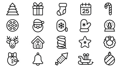 Christmas line icon set with festive symbols including tree, gifts, Santa, stocking, snowman, and holiday elements on white background