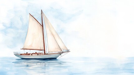 Fototapeta premium Watercolor Sailboat at Sea Nautical Art Print, Sailing, Yacht