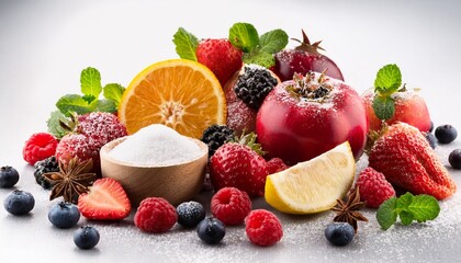 assorted fresh berries and fruits with sugar and spices on white background