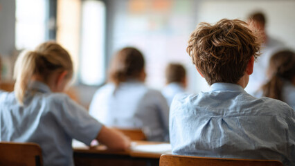 Rear view of students diligently attending a class in school uniforms, focusing on their lessons within a bright classroom environment.
