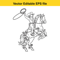Obraz premium Black and white line art vector illustration of a cowboy riding a rearing horse decorated with roses, isolated on