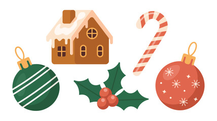 Festive Christmas icons set with ornament balls, candy cane, gingerbread house, and holly leaves on white background for holiday design