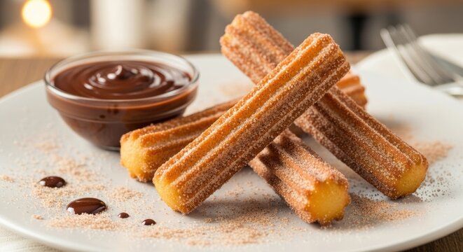 Delicious churros with chocolate sauce on a white plate, closeup shot
