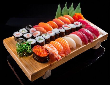 assorted sushi platter variety of nigiri maki sashimi with fresh seafood and ingredients