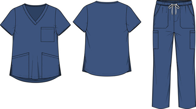 Medical scrubs front and back view, healthcare uniform design template, nurse apparel sketch, pocket detail illustration, flat vector illustration