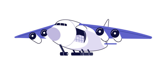 Cargo aircraft for export and import of goods and products. Plane with freight. Loaded airplane for supplies, shipment. Delivery by air transport. Flat isolated vector illustration on white background