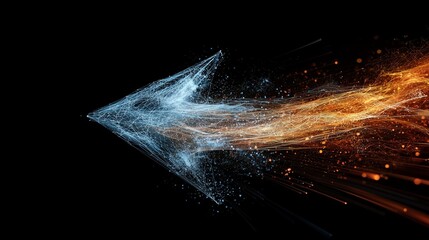 Abstract arrow composed of blue and orange particle stream representing strategy planning and data integration for directional insight and unified analytics.