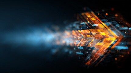 Abstract glowing arrow composed of digital circuit and data fragments moving right, symbolizing business transformation and growth, speed, innovation, and strategic direction.