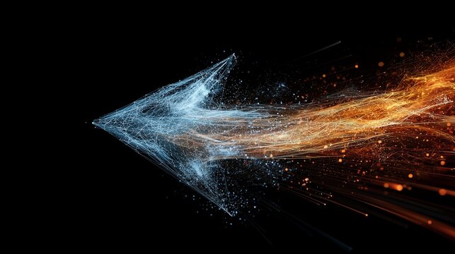 Abstract arrow composed of blue and orange particle stream representing strategy planning and data integration for directional insight and unified analytics.