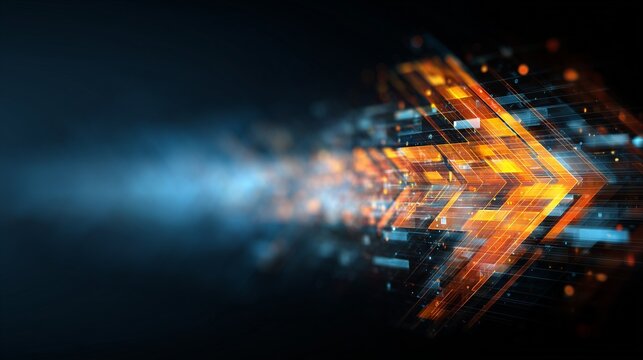 Abstract glowing arrow composed of digital circuit and data fragments moving right, symbolizing business transformation and growth, speed, innovation, and strategic direction.