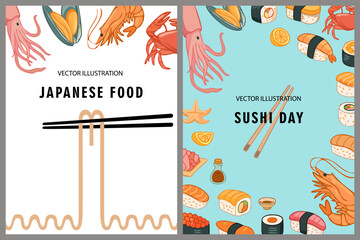 Poster set of cartoon traditional Japanese food and sushi. Colorful seafood elements, sushi rolls, squid, crab, mussels, shrimp. Flat banner for Sushi Day, restaurant menu, Asian cuisine promotion.