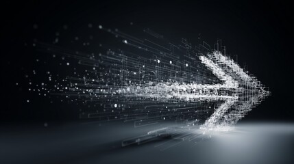 Silver arrow formed from particle stream on dark background symbolizing leadership coaching and guidance toward direction and performance improvement.