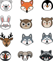 Fototapeta premium Cute Winter And Woodland Animal Faces Icon Set