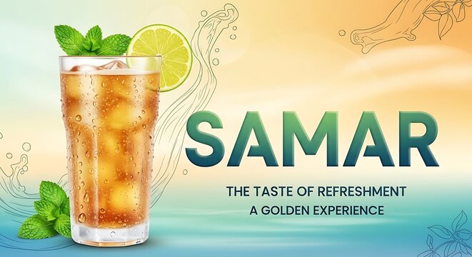 Refreshing iced tea or cocktail beverage in a tall glass garnished with fresh mint leaves and a slice of lime, set against a vibrant, abstract background with the word samar and tagline